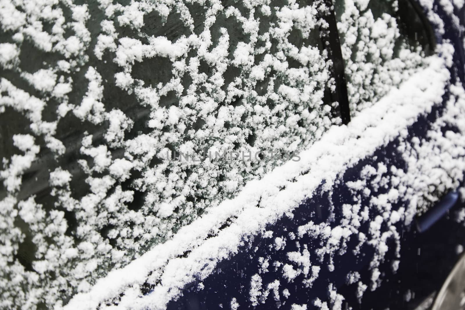 Snow on a glass, detail of snow in the winter, cold and ice