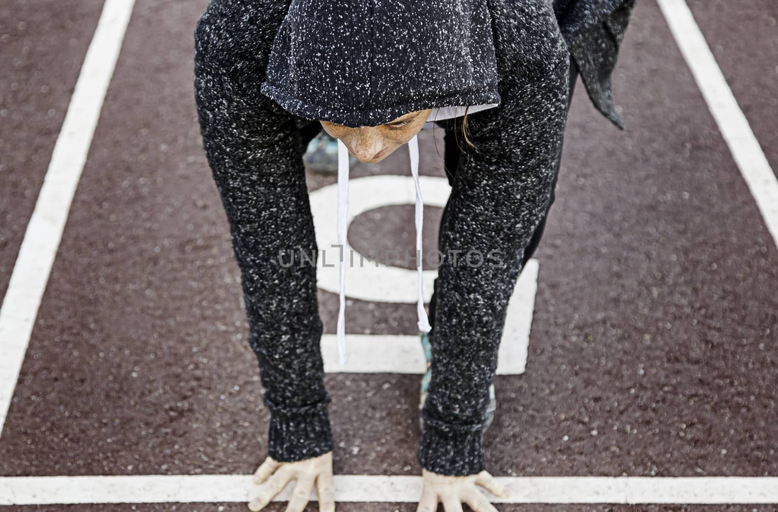 Woman on athletics track, sport and training, excercise