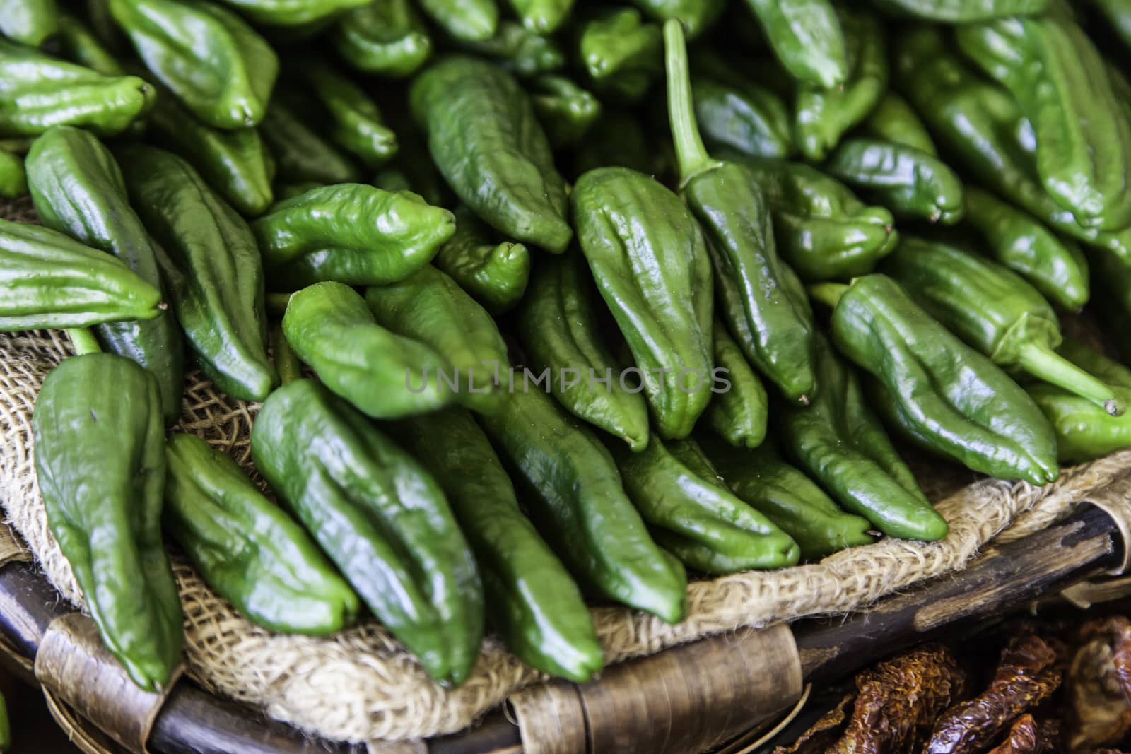 Peppers of the padron, detail of fresh and raw vegetables, healthy food