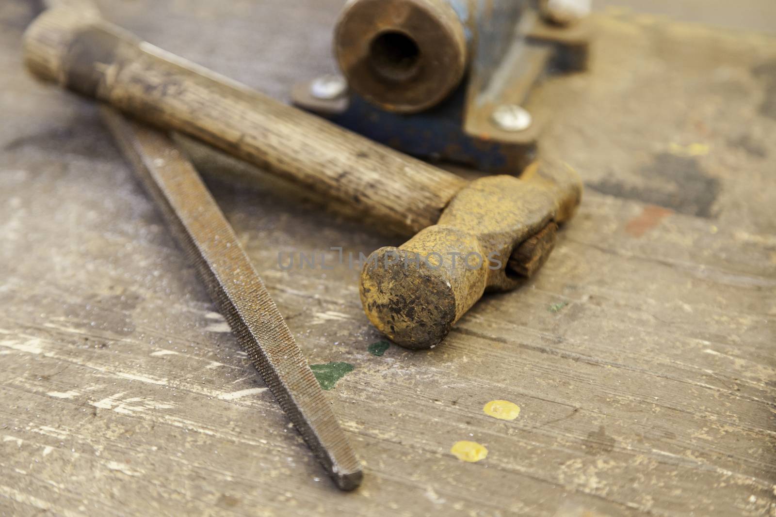 Tools for wood, detail of a carpenter's table, manual work