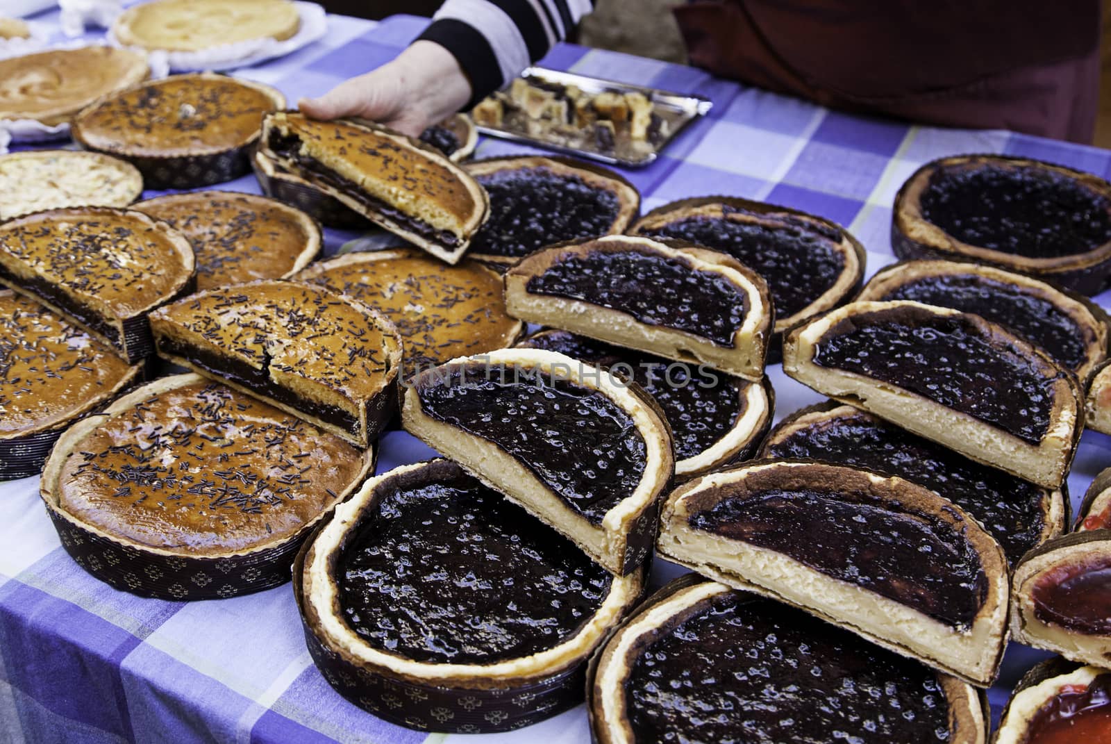 Homemade cakes, detail of sweet desserts in a homemade market