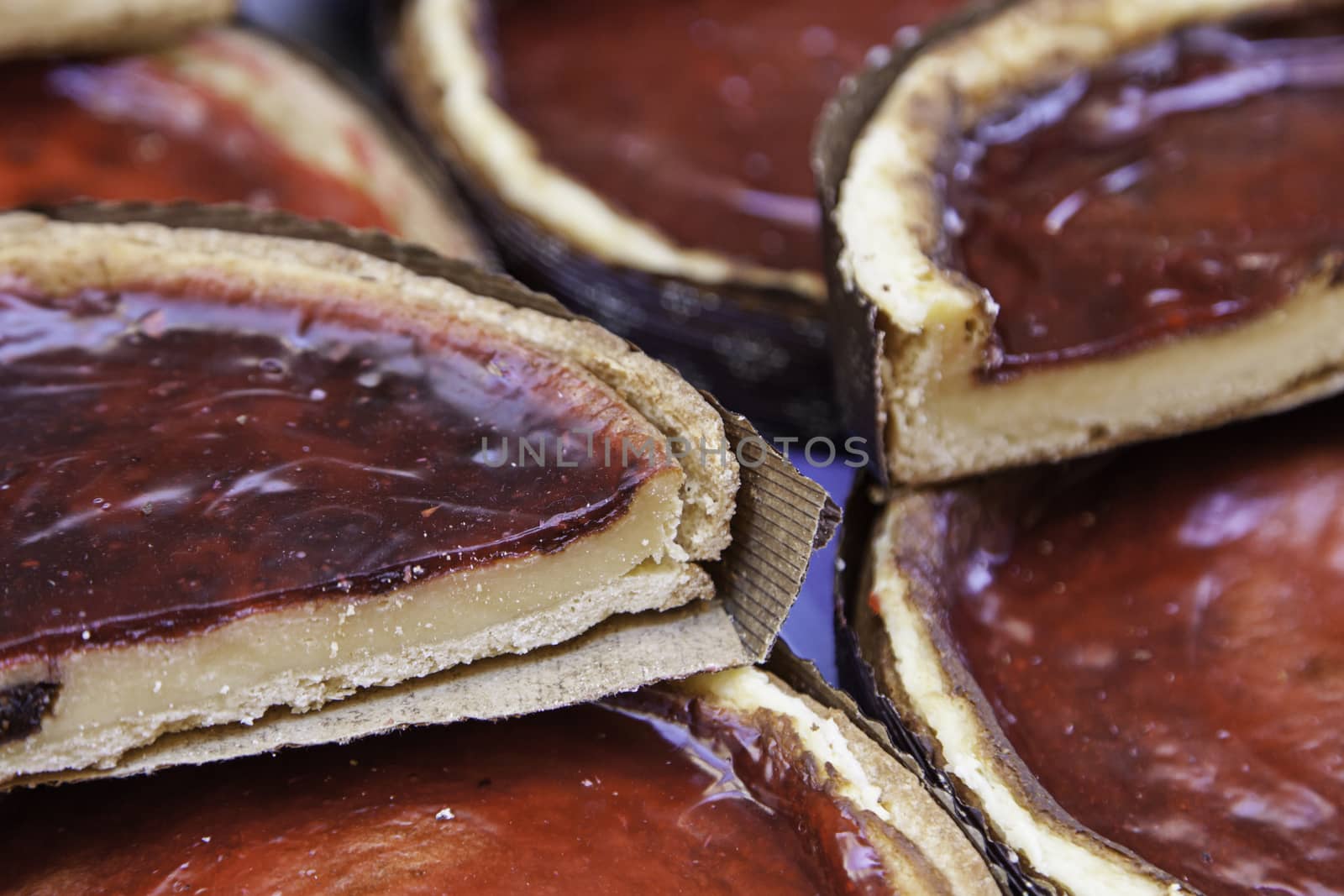 Homemade cakes, detail of sweet desserts in a homemade market
