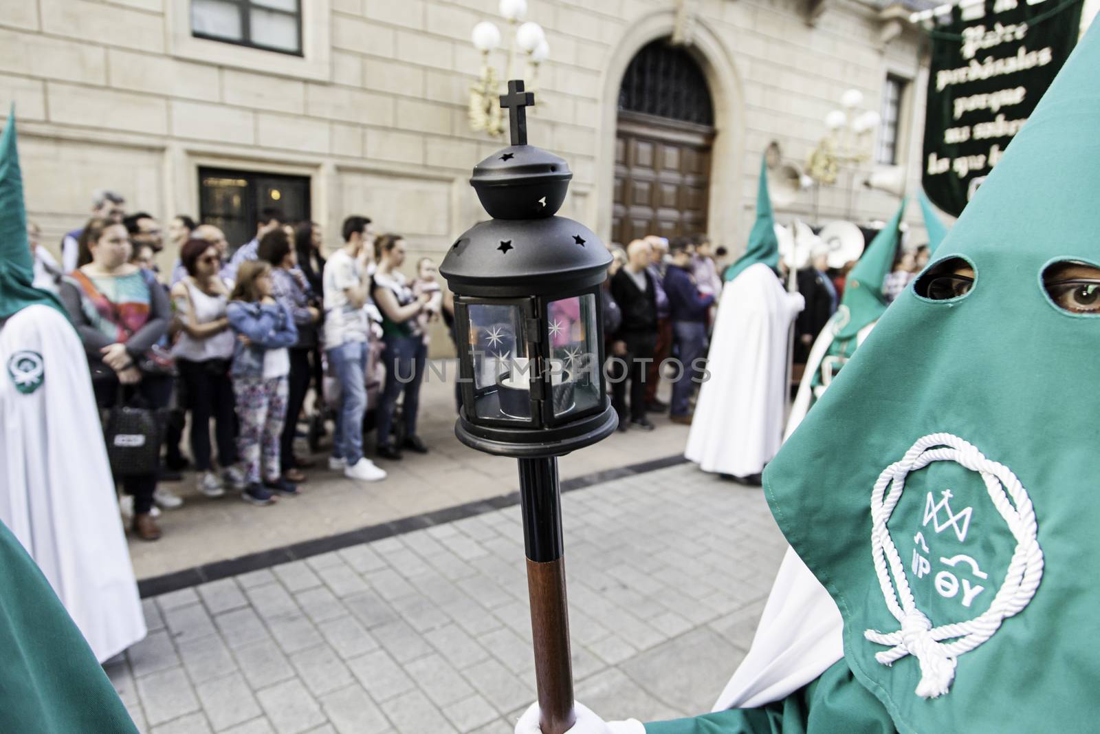 LOGROÑO, LA RIOJA, SPAIN - APRIL 15: Holy Week, religious tradition procession with people in typical costumes, on April 15, 2017 in Logroño, La Rioja, Spain