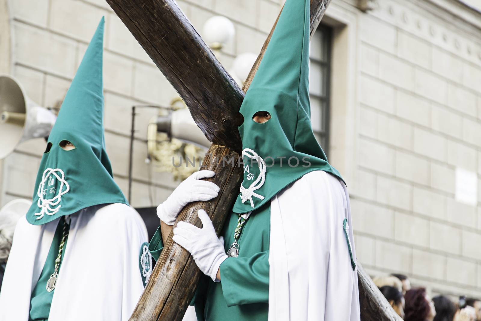 LOGROÑO, LA RIOJA, SPAIN - APRIL 15: Holy Week, religious tradition procession with people in typical costumes, on April 15, 2017 in Logroño, La Rioja, Spain by esebene