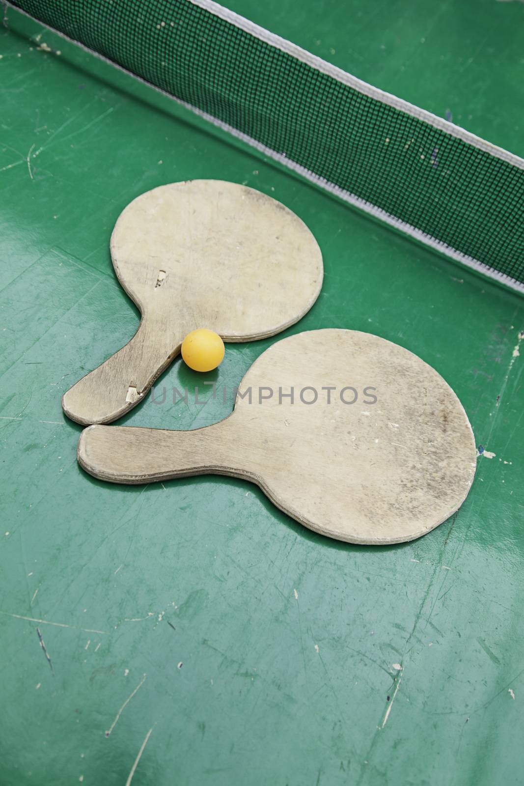 Classic wooden ping pong, detail of a game of action, sport and fun