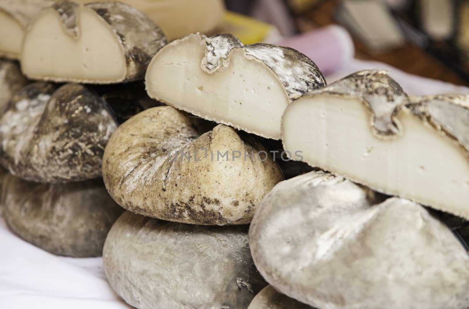 Cheese, market, detail of a place of sale of cheese, product laceto artisanal