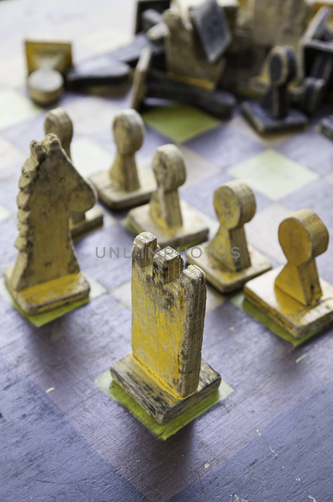 Pieces wooden chess, detail of some old wooden pieces, game of wit