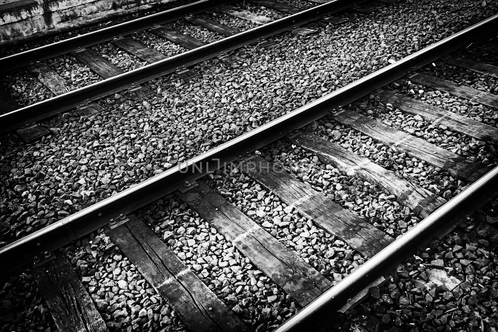 Railroads, detail of a metal vias of train, transportation