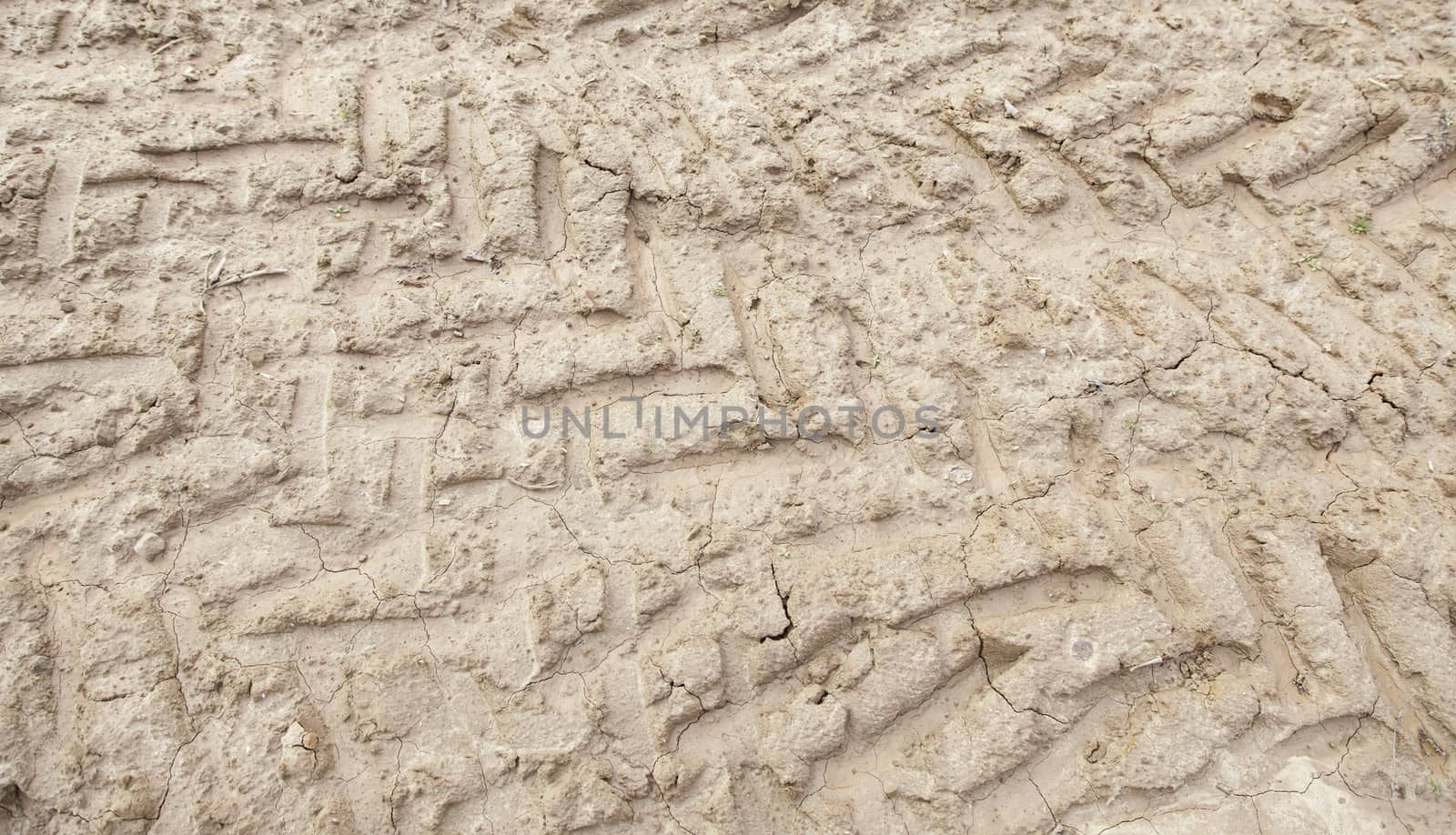 Traces of wheels in the mud, detail of some marks of a vehicle