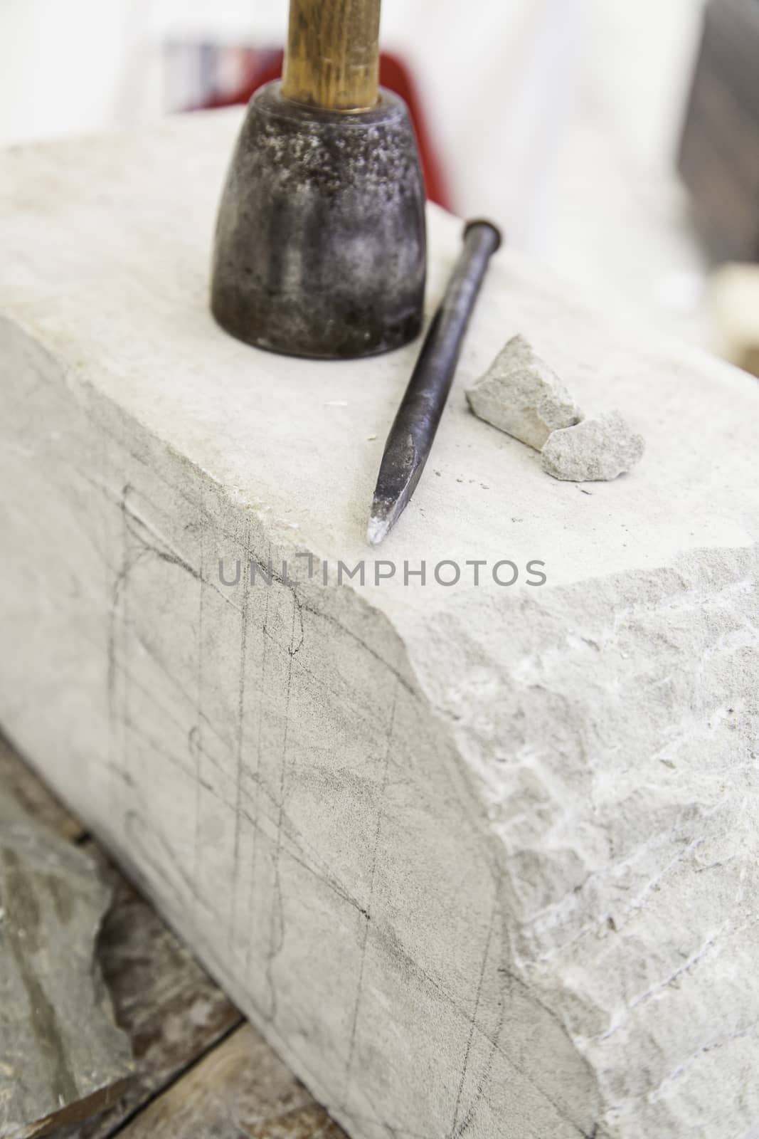 Tools for stone carving, detail of a work craftsman, art and crafts
