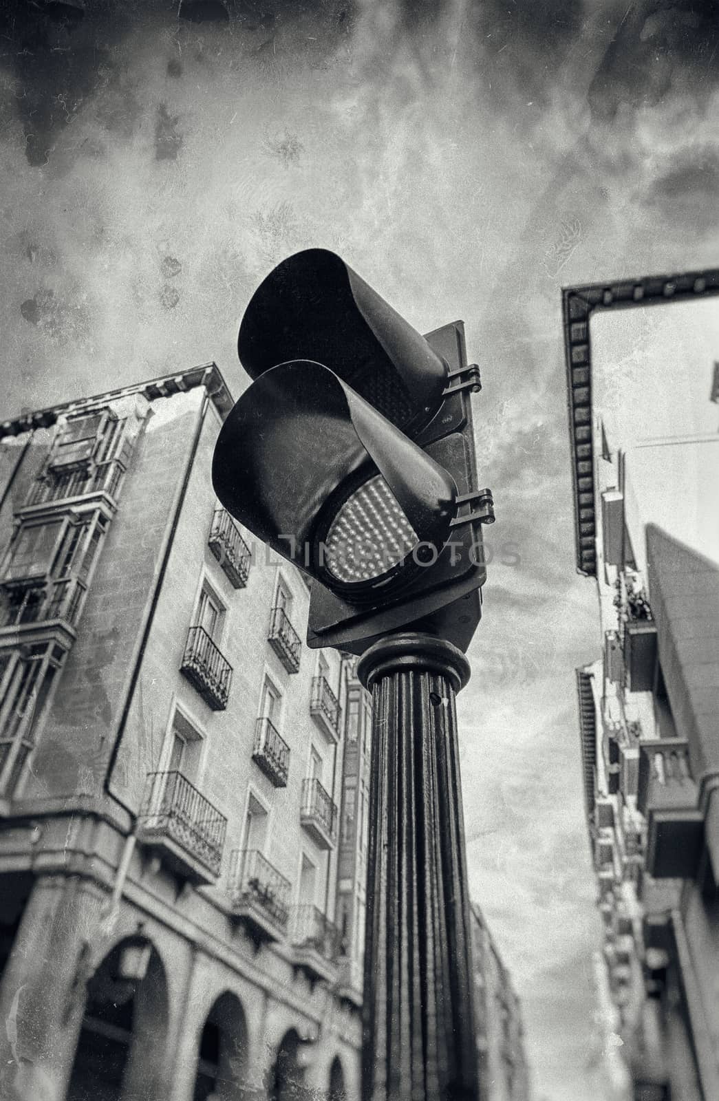 Red traffic light for cars, detail of a traffic signal, prohibition
