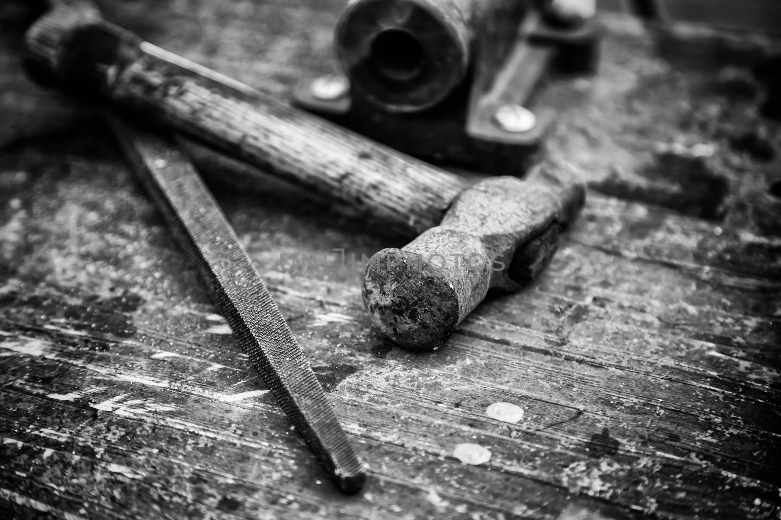 Tools for wood, detail of a carpenter's table, manual work