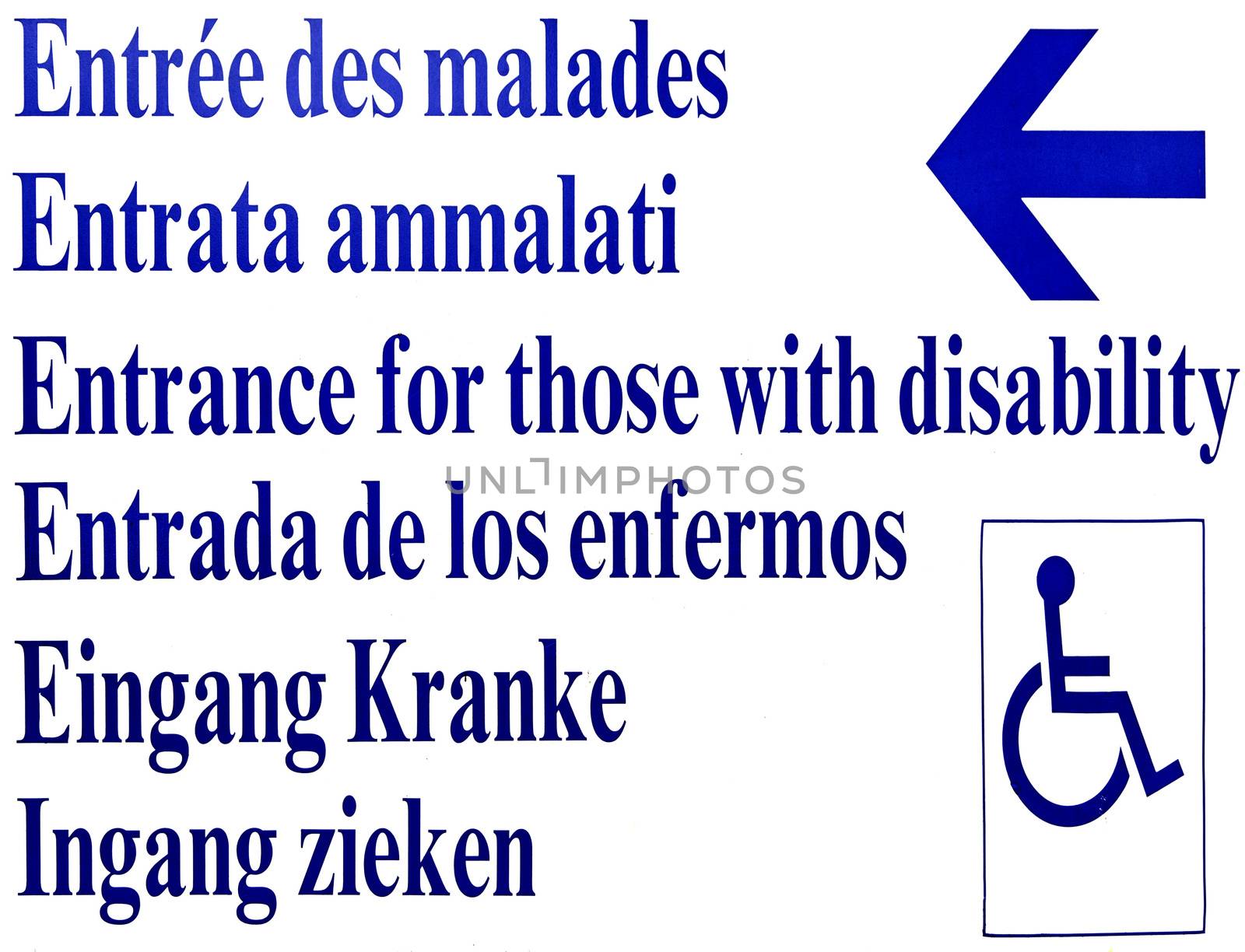 Handicap sign, information sign detail in different languages