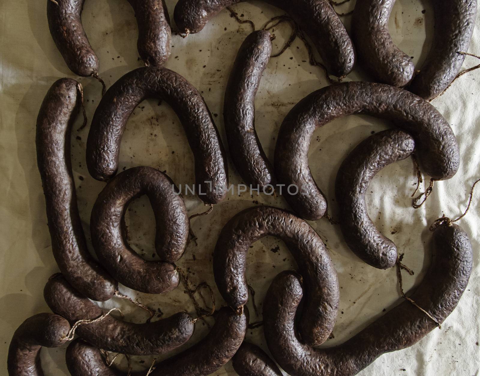 Dry pork sausage ready to eat, rich sausage detail
