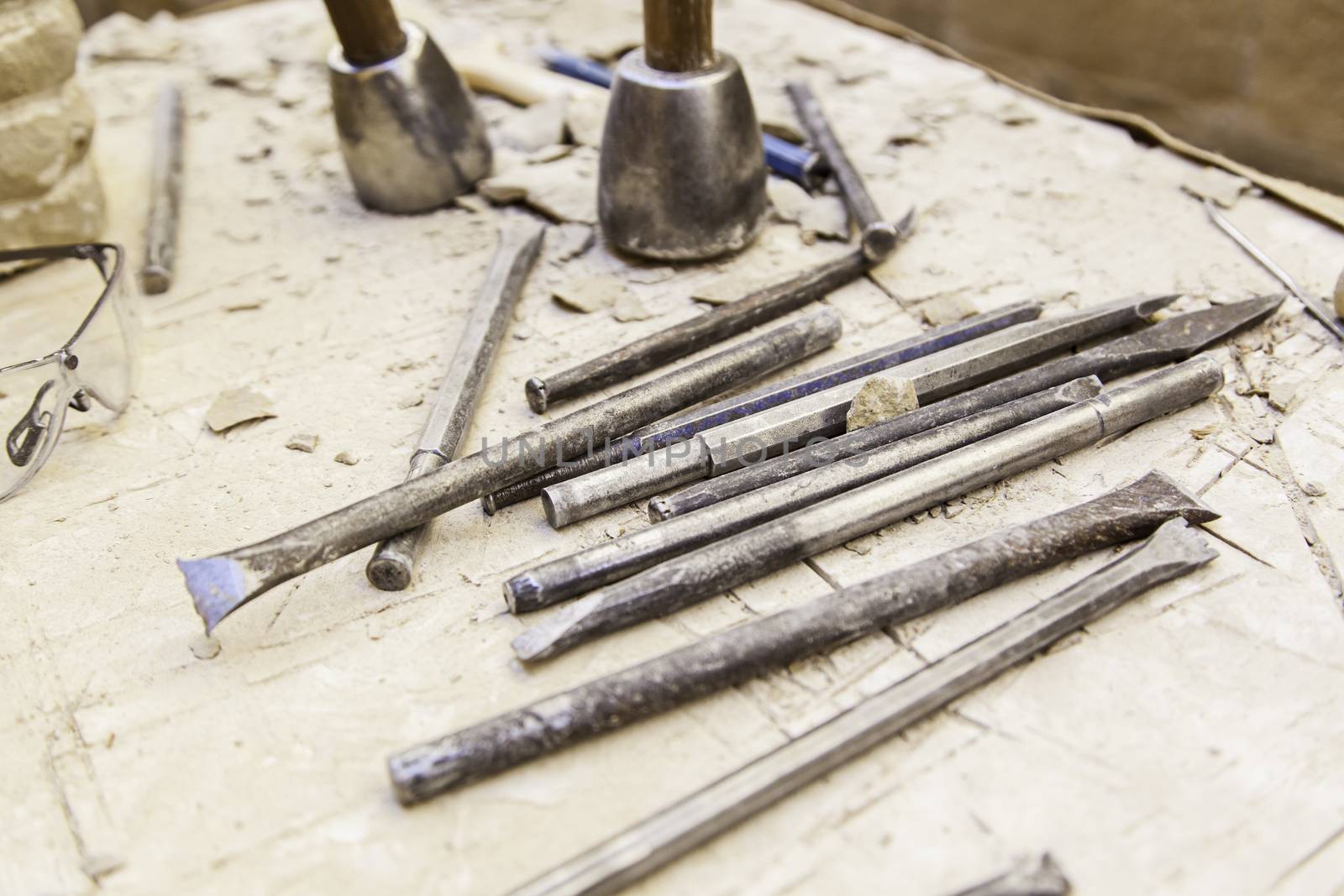 Old tools for stone carving handcrafted, detail of a manual craft