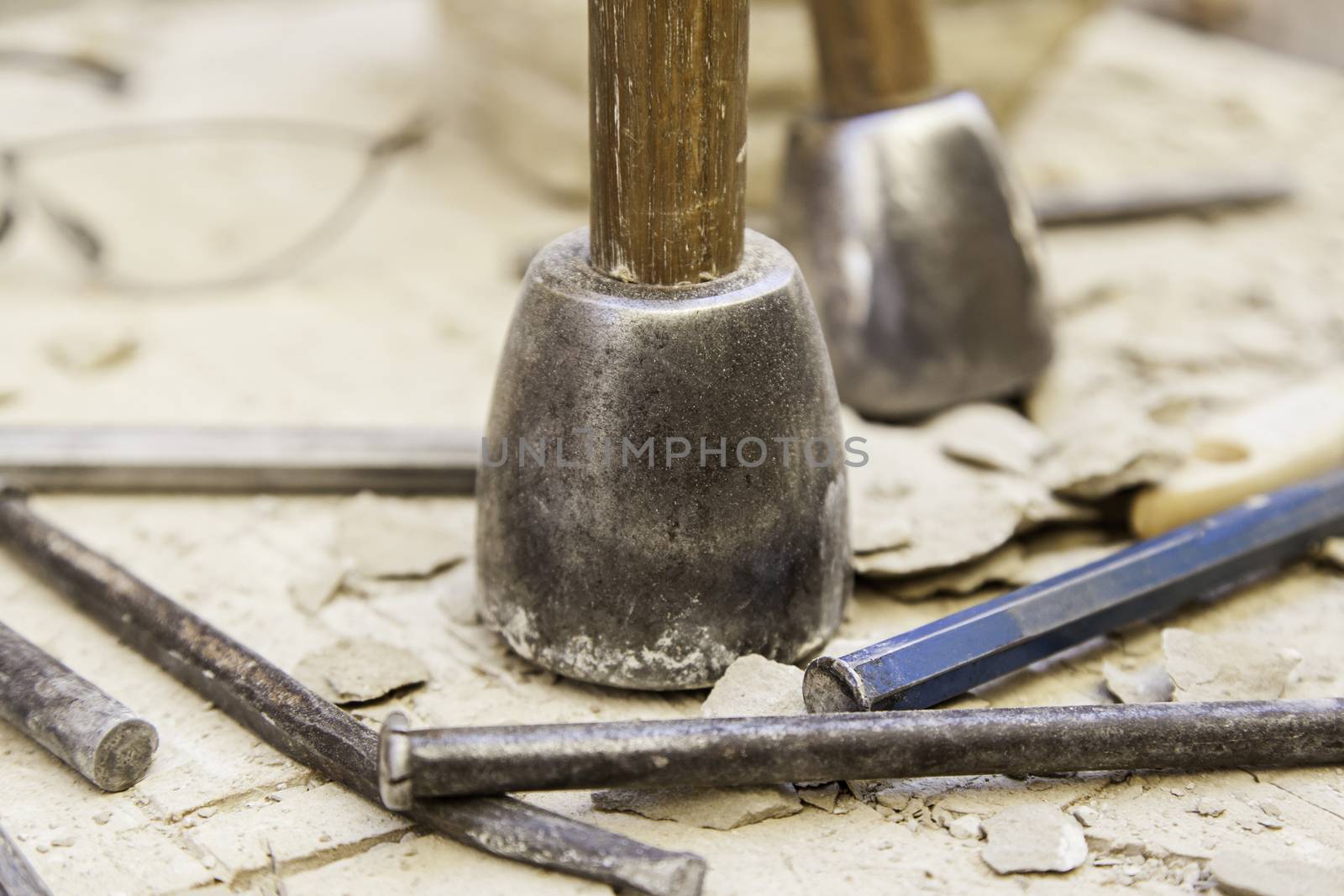 Old tools for stone carving handcrafted, detail of a manual craft