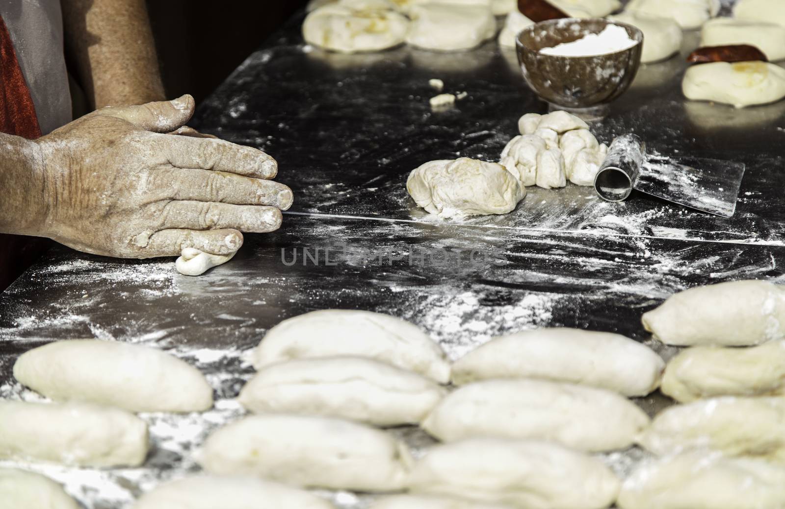 Bread dough, bread making detail, traditional artisan bakery, food and food