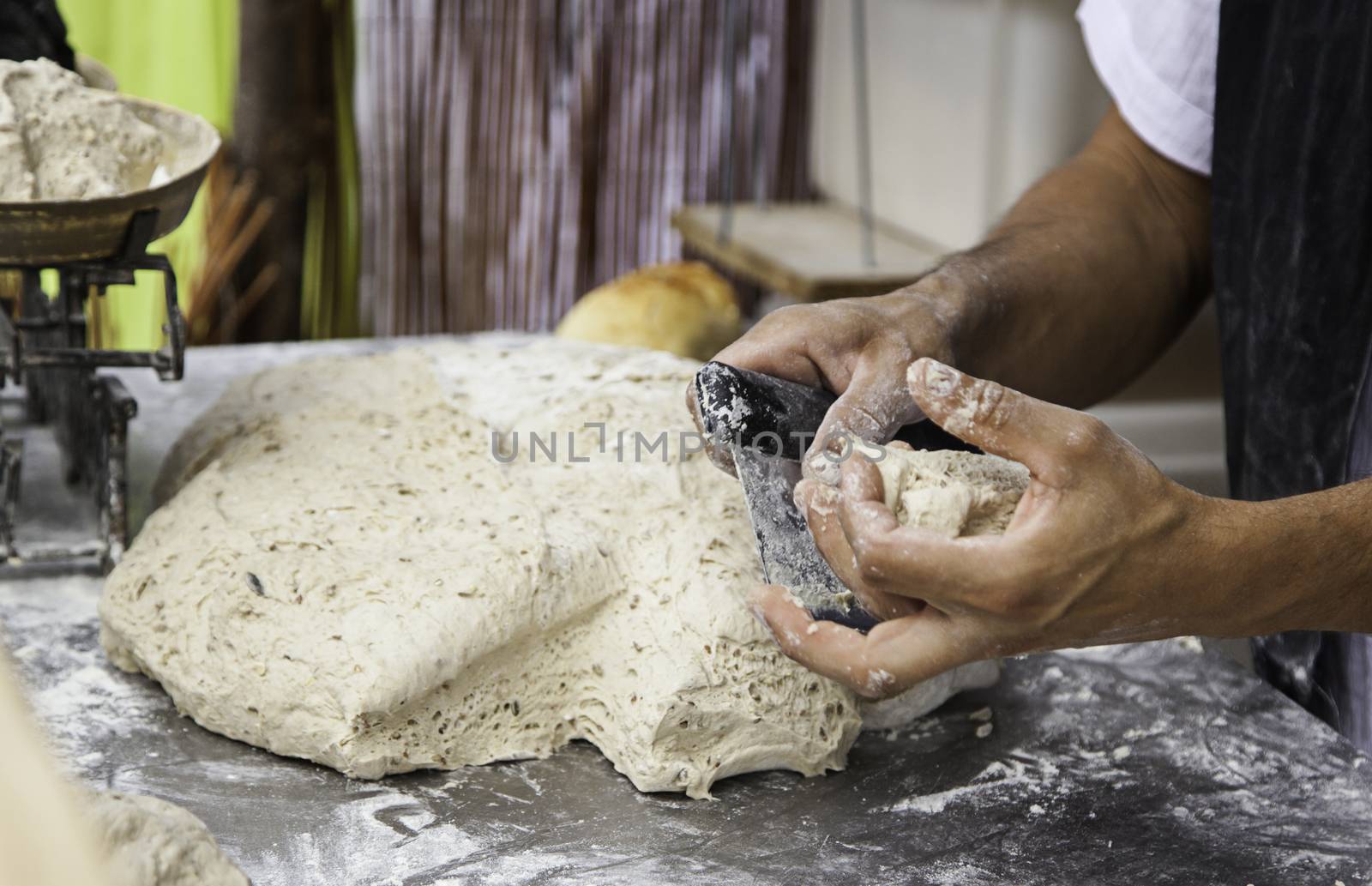 Bread dough, bread making detail, traditional artisan bakery, food and food