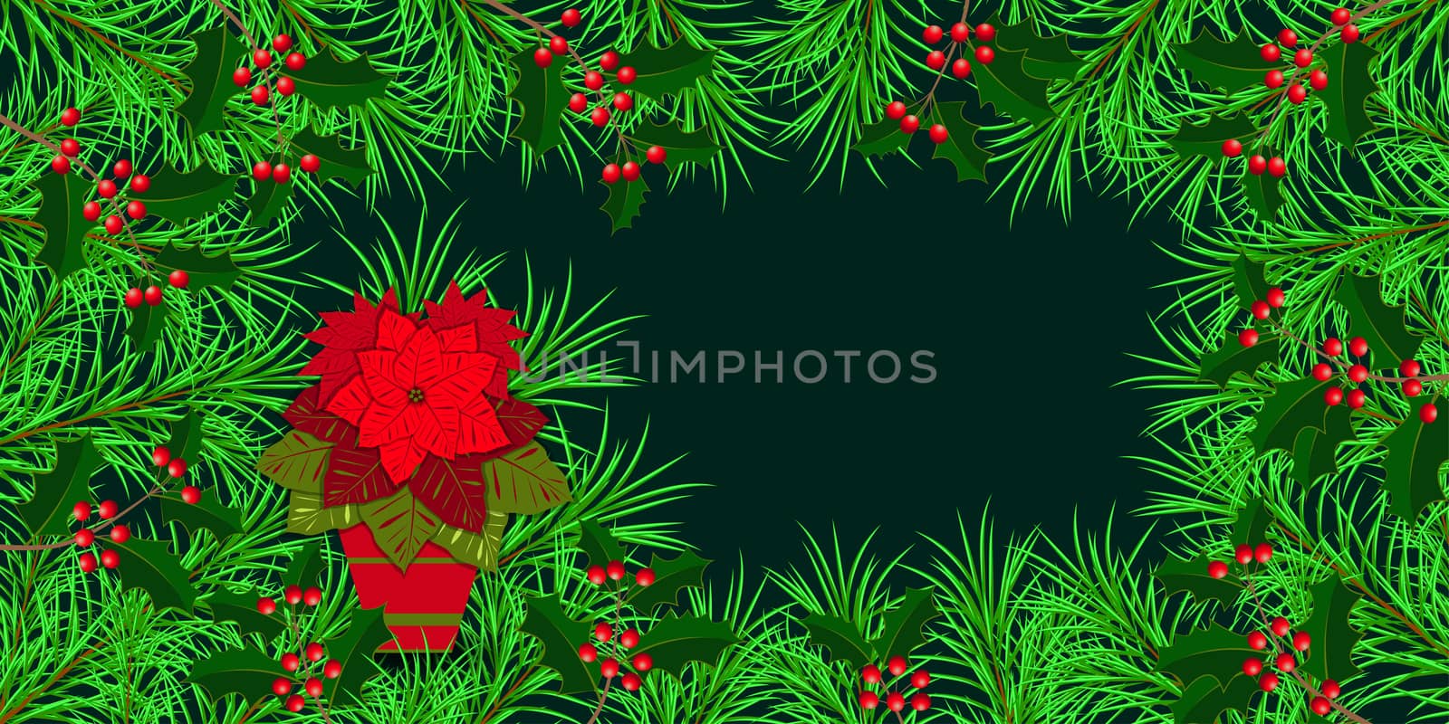 New Year, Christmas, Winter Holidays. Banner, invitation, flyer. Frame made of fir and holly branches. Pot with a plant Poinsettia. Dark green background. Horizontal layout. by Julia_Faranchuk