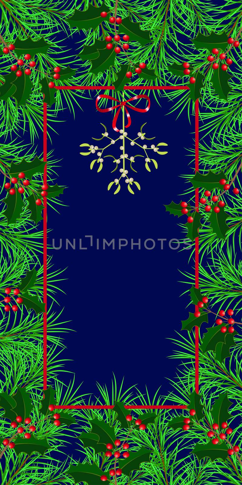 New Year, Christmas, Winter Holidays. Banner, invitation, flyer. Frame made of fir and holly branches. Mistletoe branch with bow. Blue background. Vertical layout