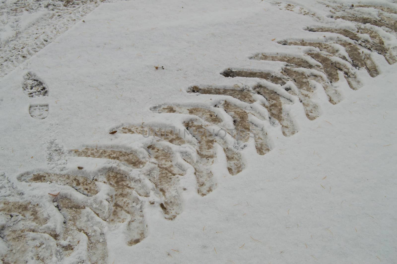 Abstract winter background on snow, close-up of the track from the car tire tread.