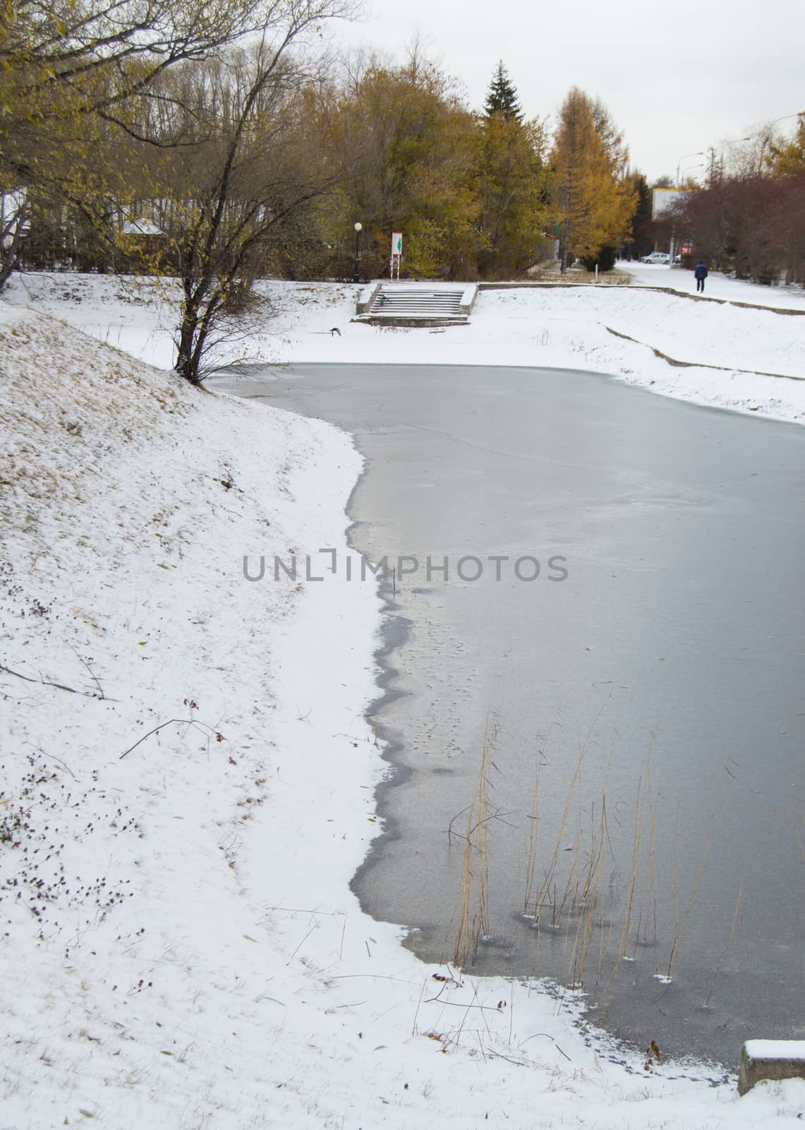 Frozen pond covered with the first snow in the city Park.