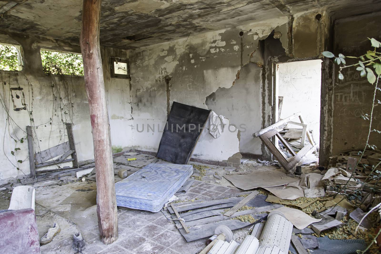 Old abandoned room, detail of ruin and neglect, vandalism and crime