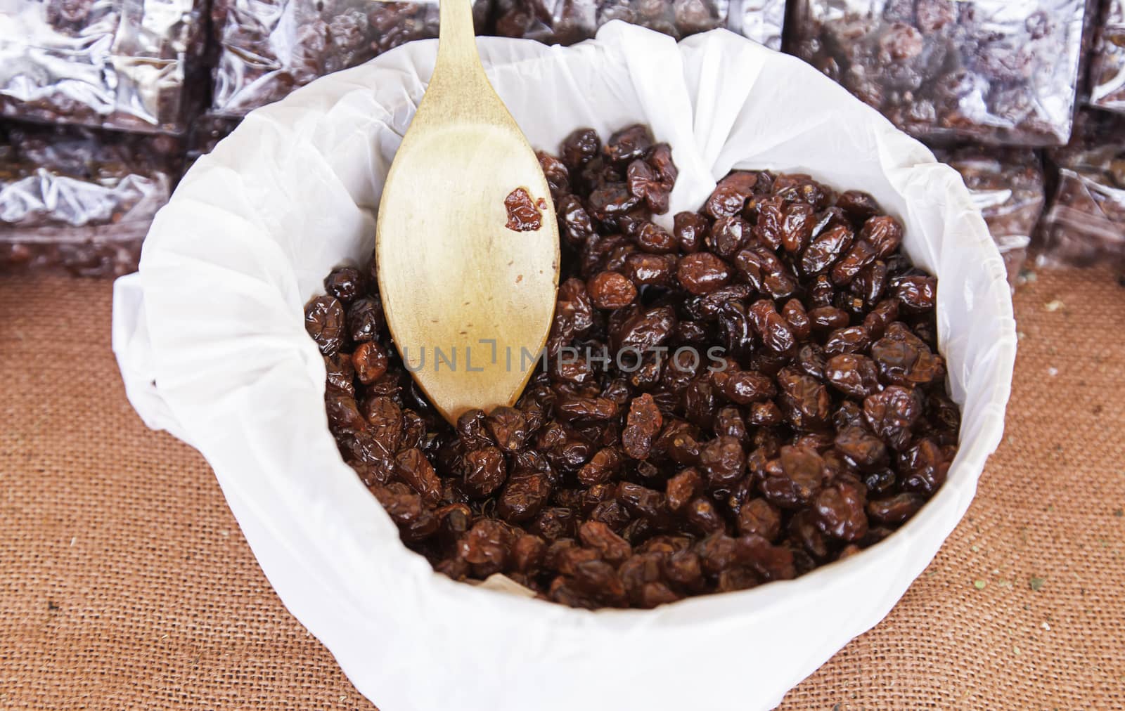 Dried cherries in a market, detail dried fruit, food, healthy lifestyle
