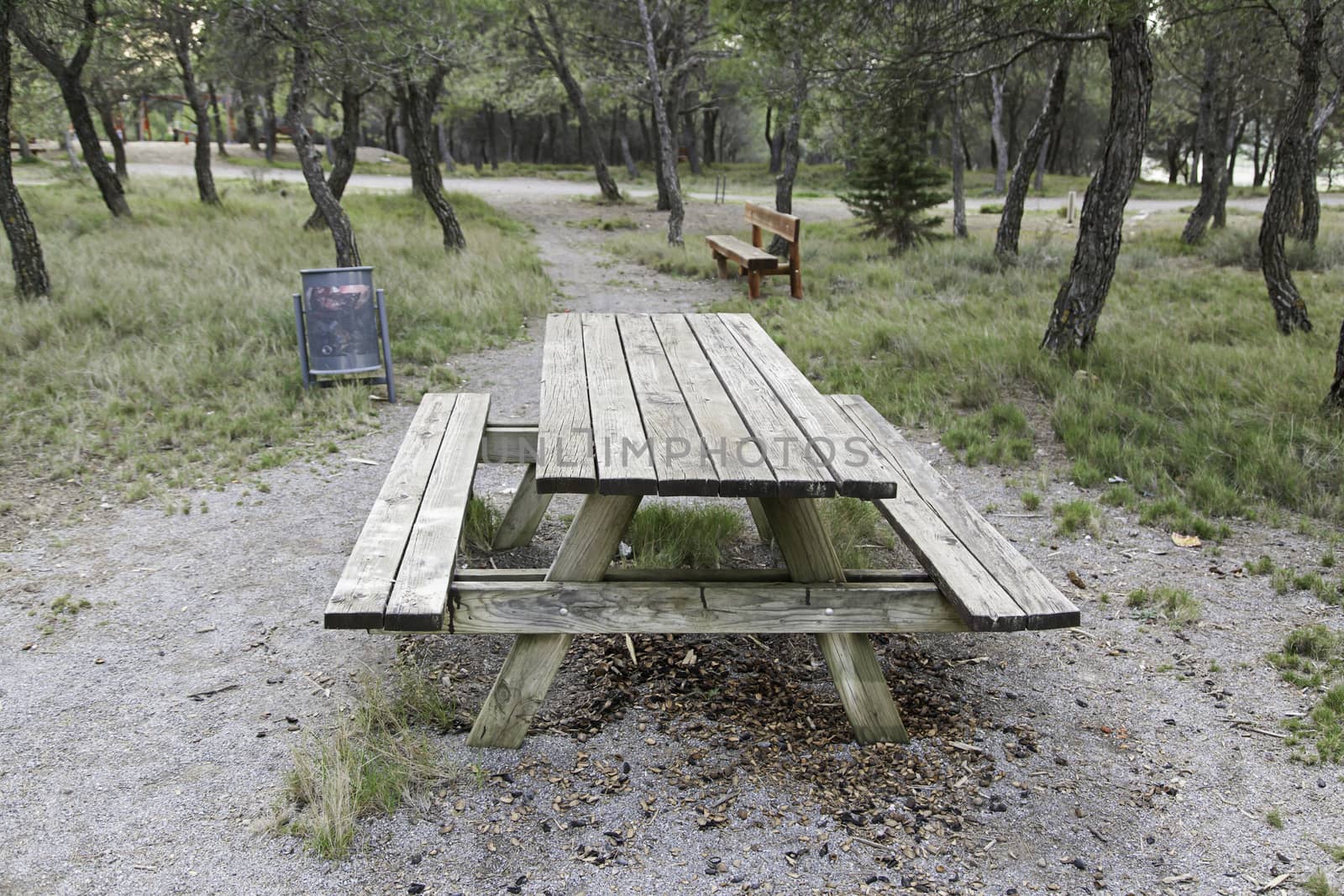 Wooden table in the field, detail of a dining table