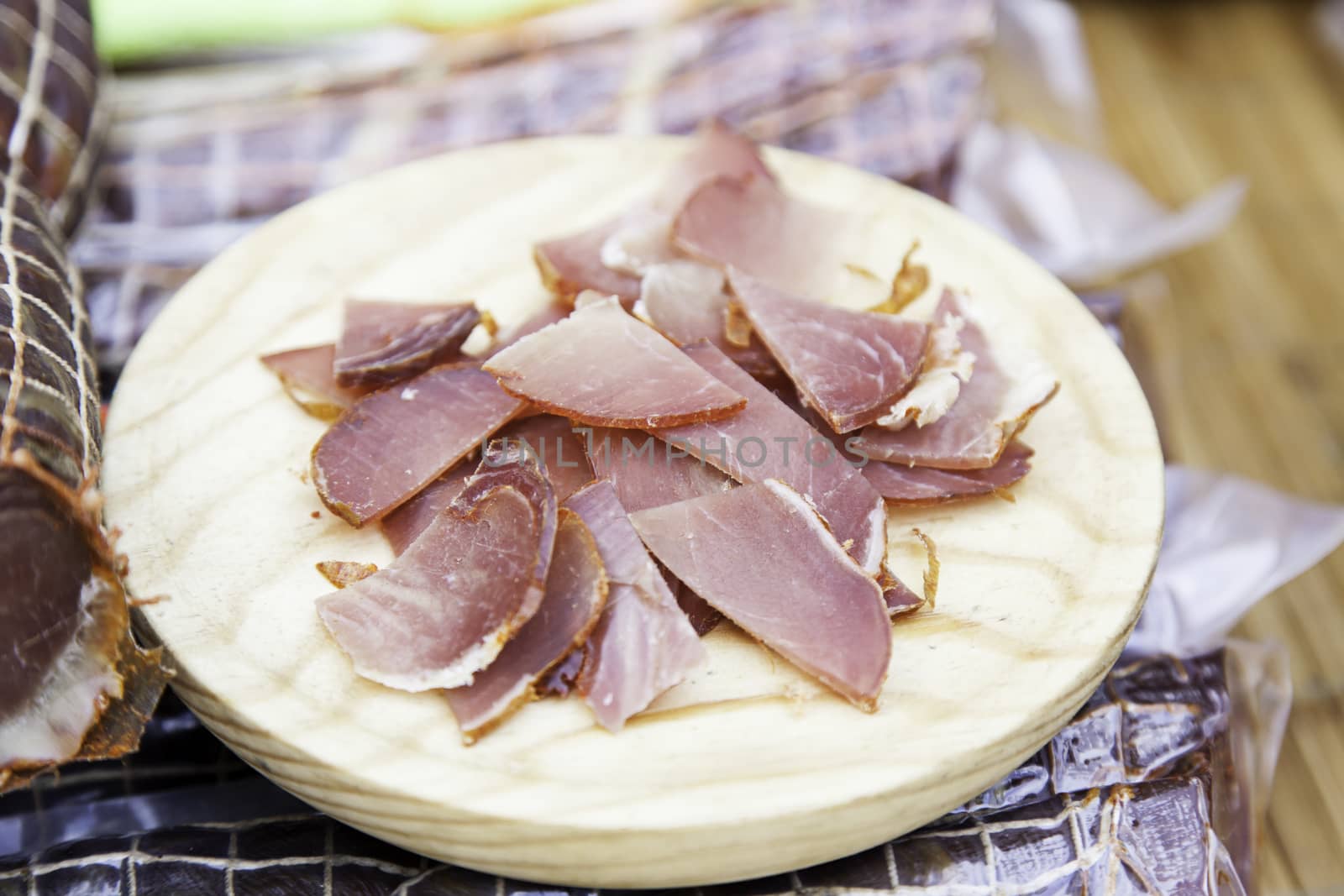 Cured pork loin, beef jerky detail in a market
