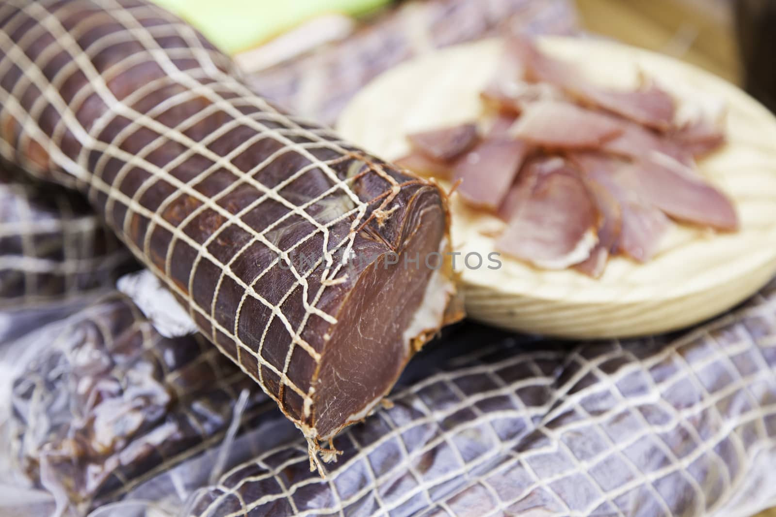 Cured pork loin, beef jerky detail in a market