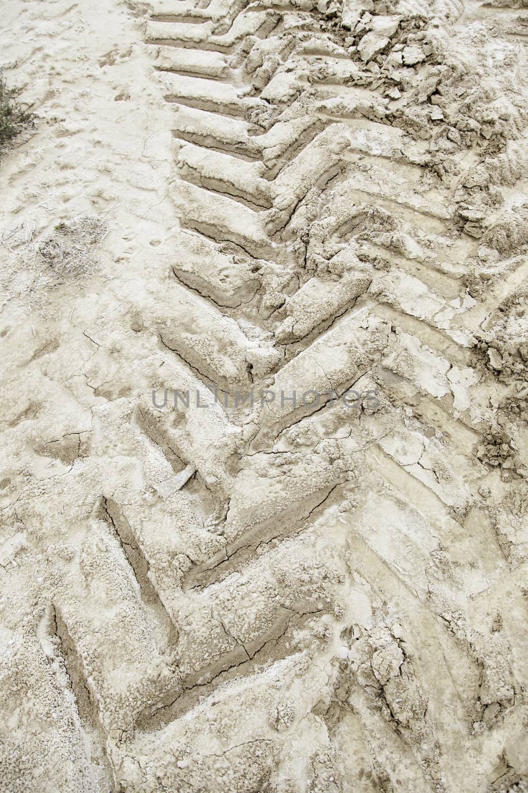 Wheel tracks in the mud, detail footprints Car