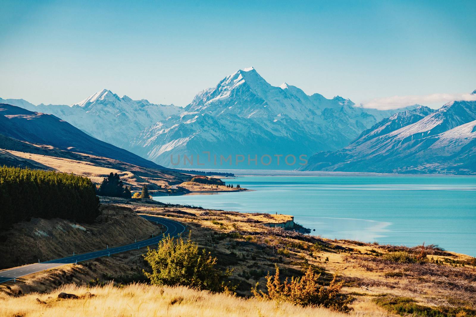 Road to Mt Cook, the highest mountain in New Zealand.  by cozyta