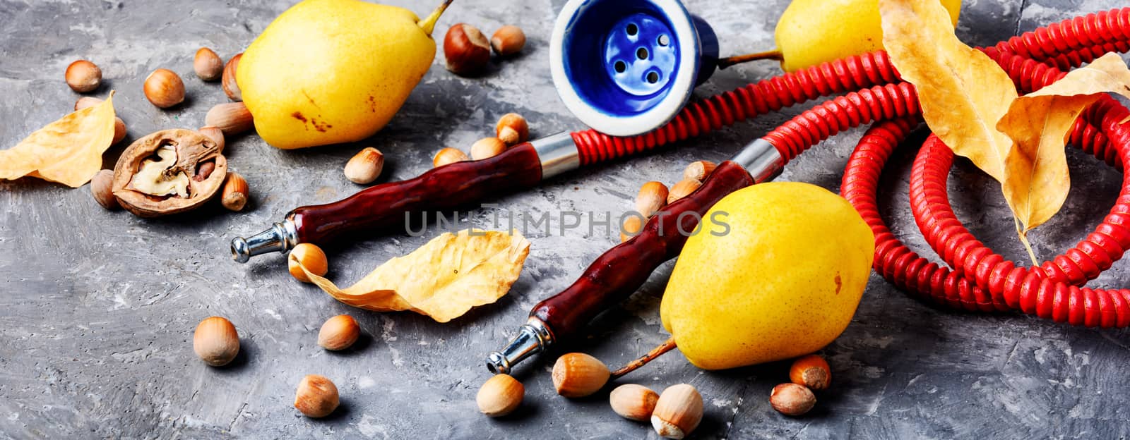 Oriental smoking hookah with two mouthpieces with pear flavor.sShisha advertising.Long banner