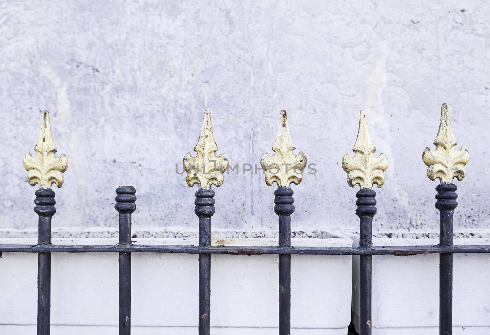 Gold painted metal gates, metal railings detail of a painted and decorated, safety and security