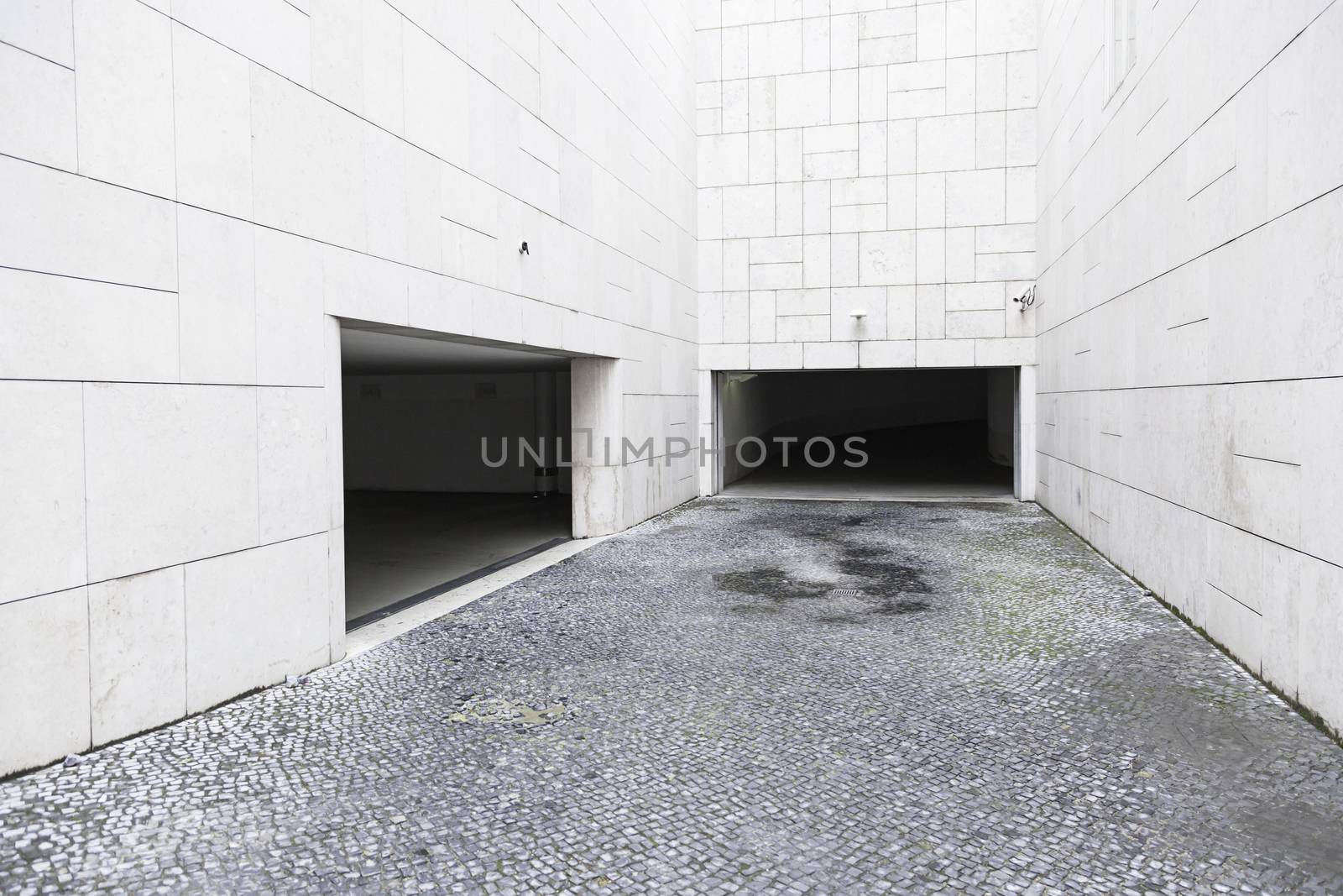 Garage doors in a modern building, detail of a modern building in the city
