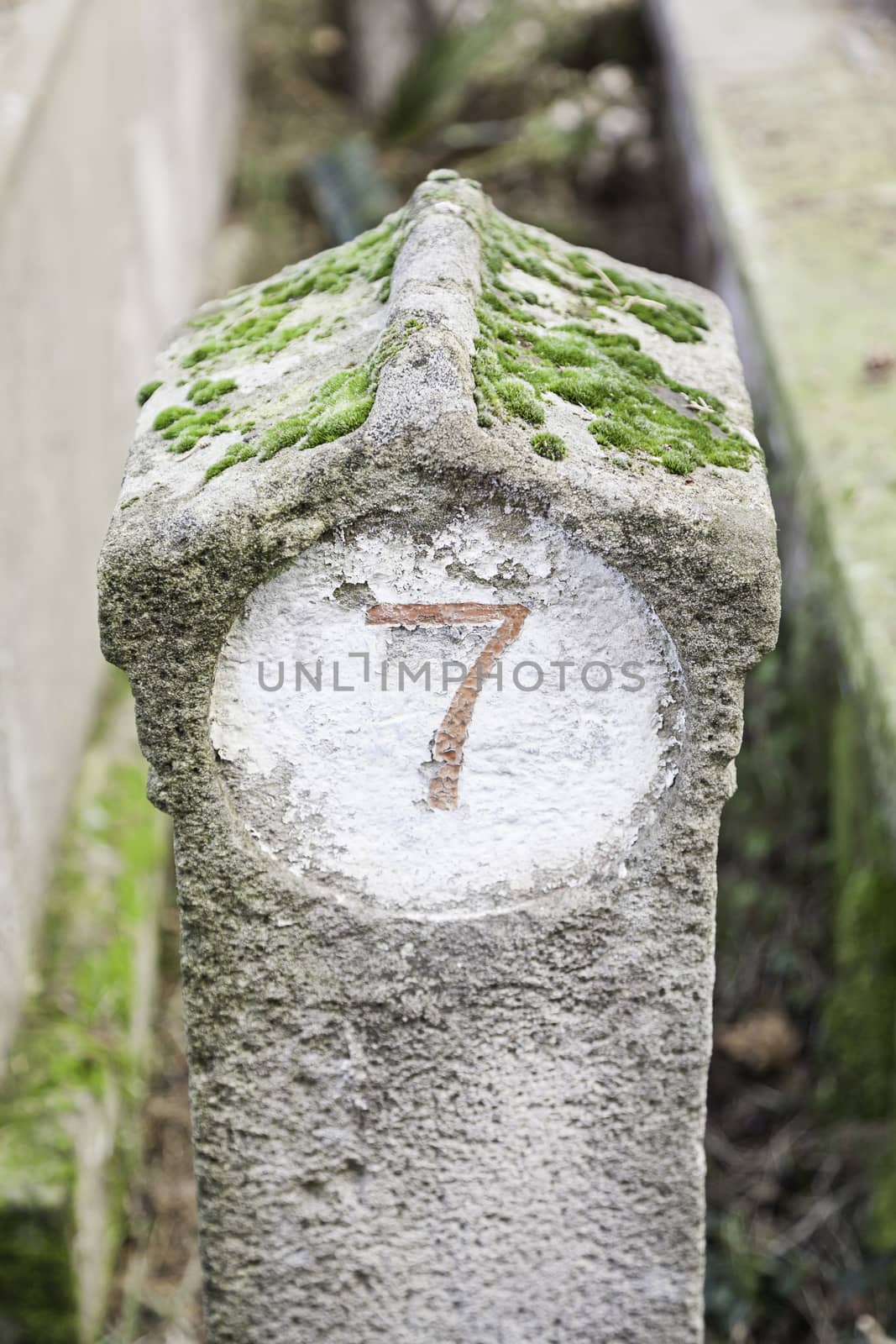 Number seven on a stone detail of a carved stone number, decoration, neglect and ruin