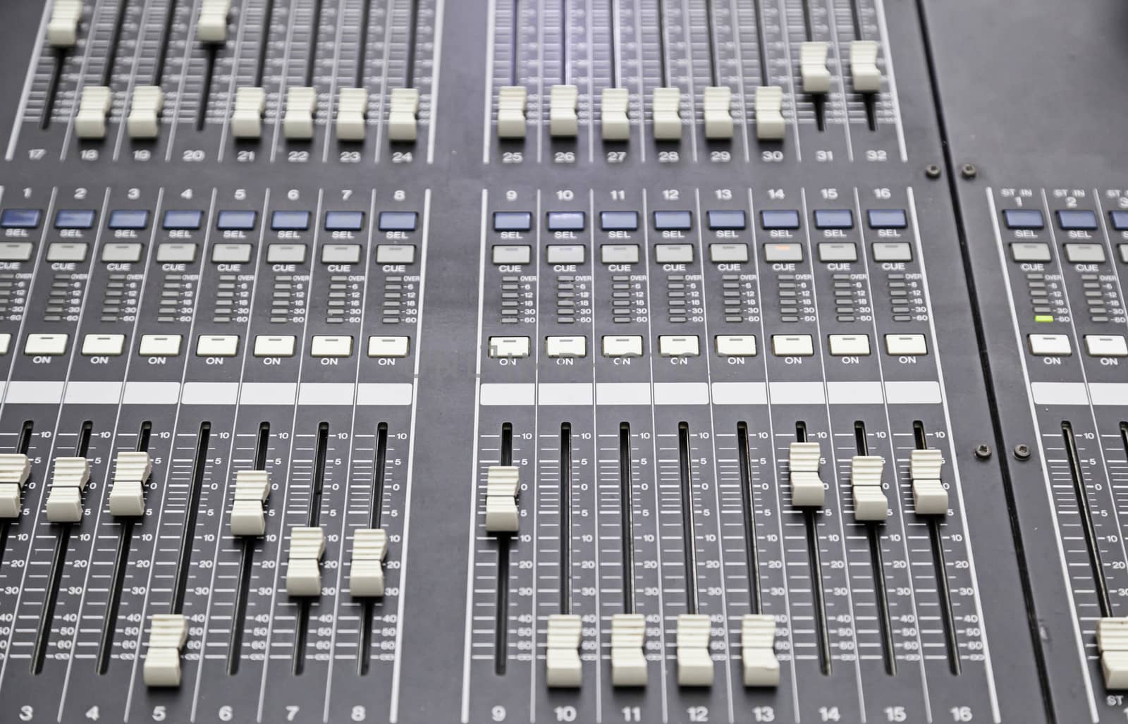 Professional mixer, detail of a device for concerts, professional music control, volume and music