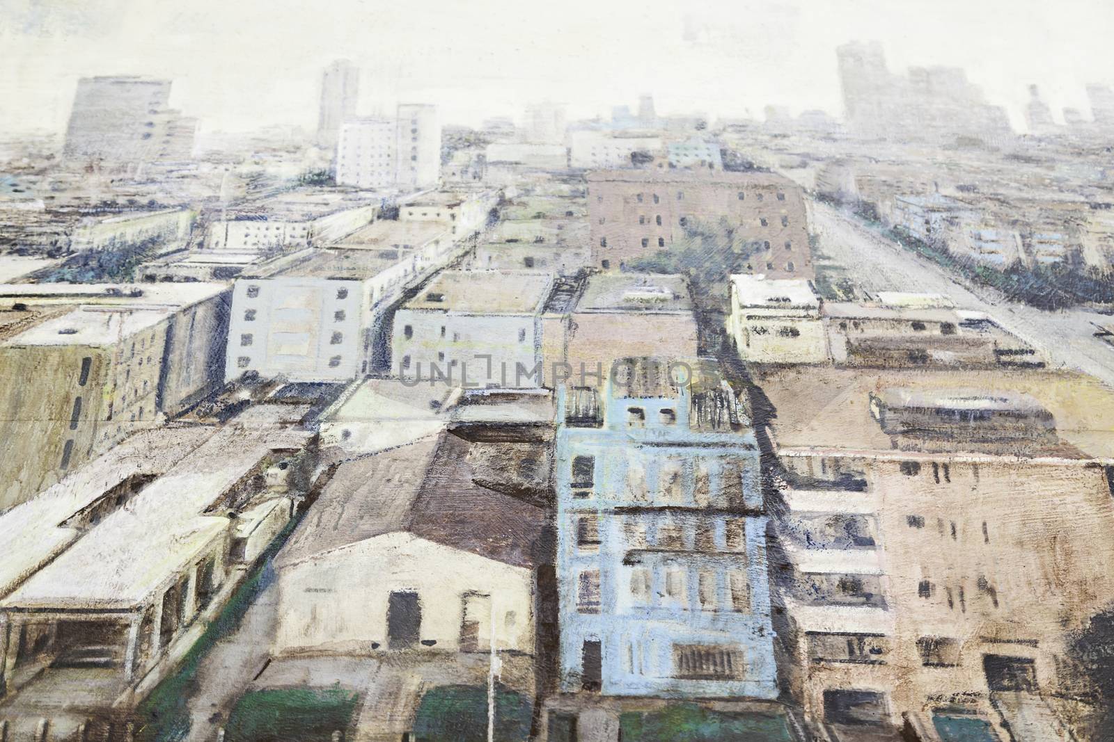 Painting of a city, detail of a painted oil painting, street art