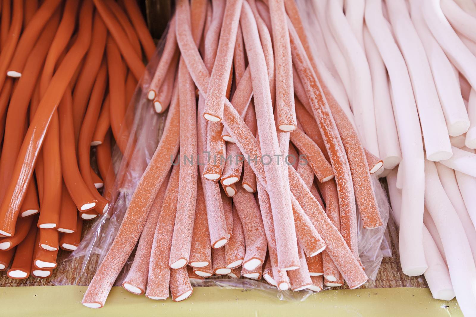Gummy candy in the market, artisan detail gummy in a typical Spanish market, fresh food, sugar