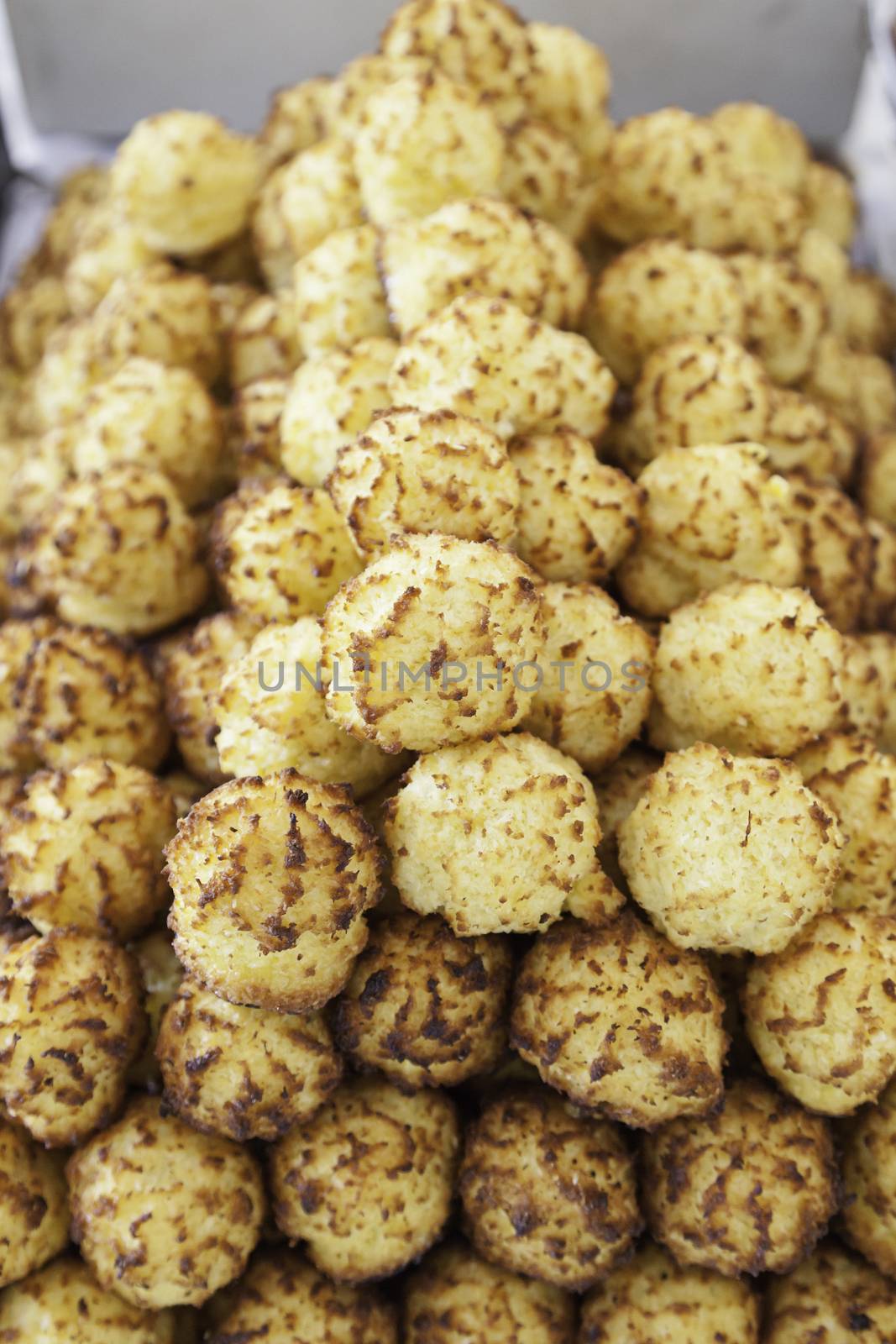 Coconut cakes, homemade cakes detail about in a market ciuad, sweet food, dessert