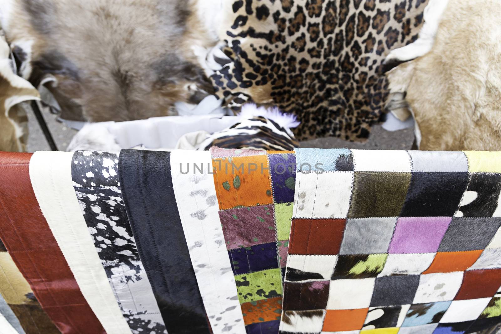 Animal skins color, detail of furs in an old market