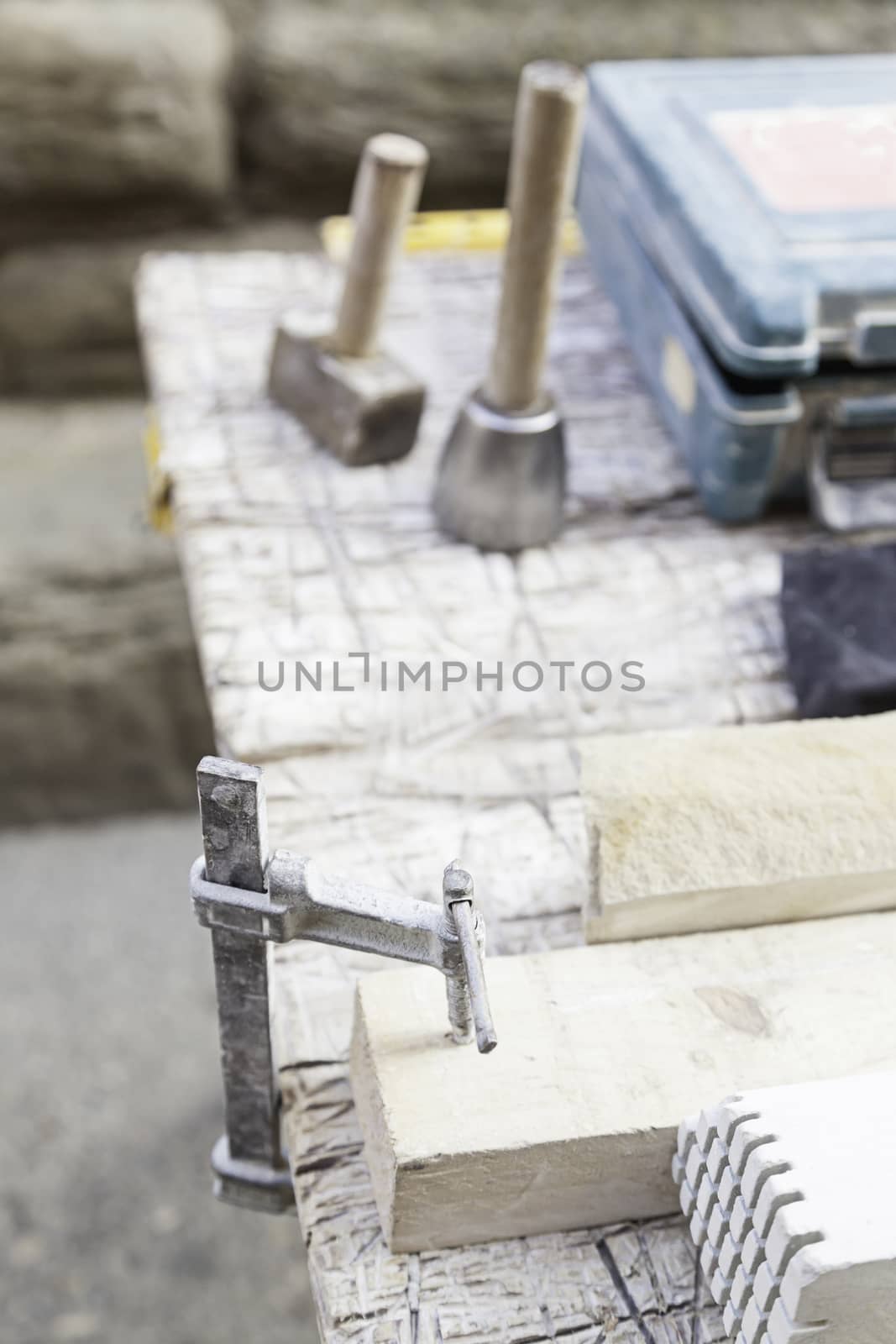 Stone carving tools, detail of some tools for working stone, art craft and manual