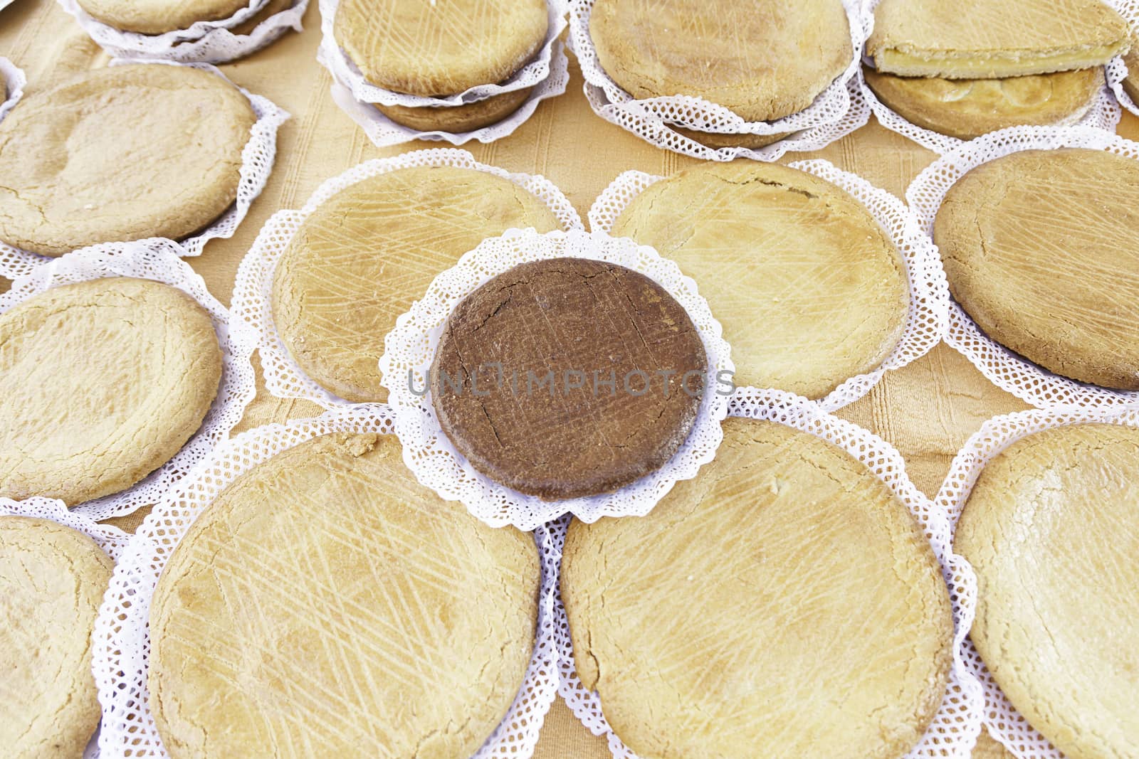 Typical Spanish cream homemade pie, a sweet dessert detail of artisan food in a street market