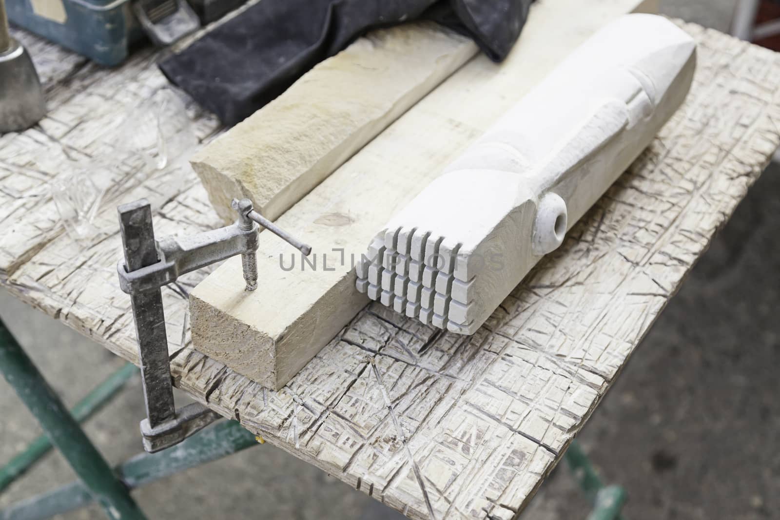 Stone carving tools, detail of some tools for working stone, art craft and manual