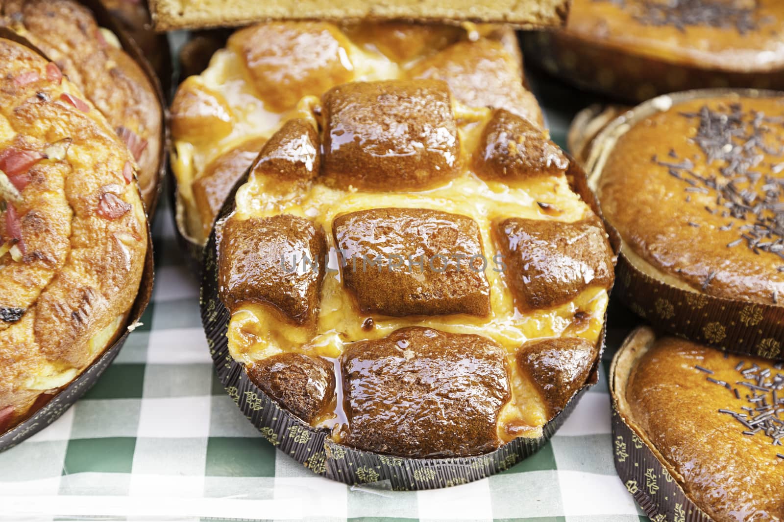 Typical Spanish cream cake, detail of a home takes to a traditional street market