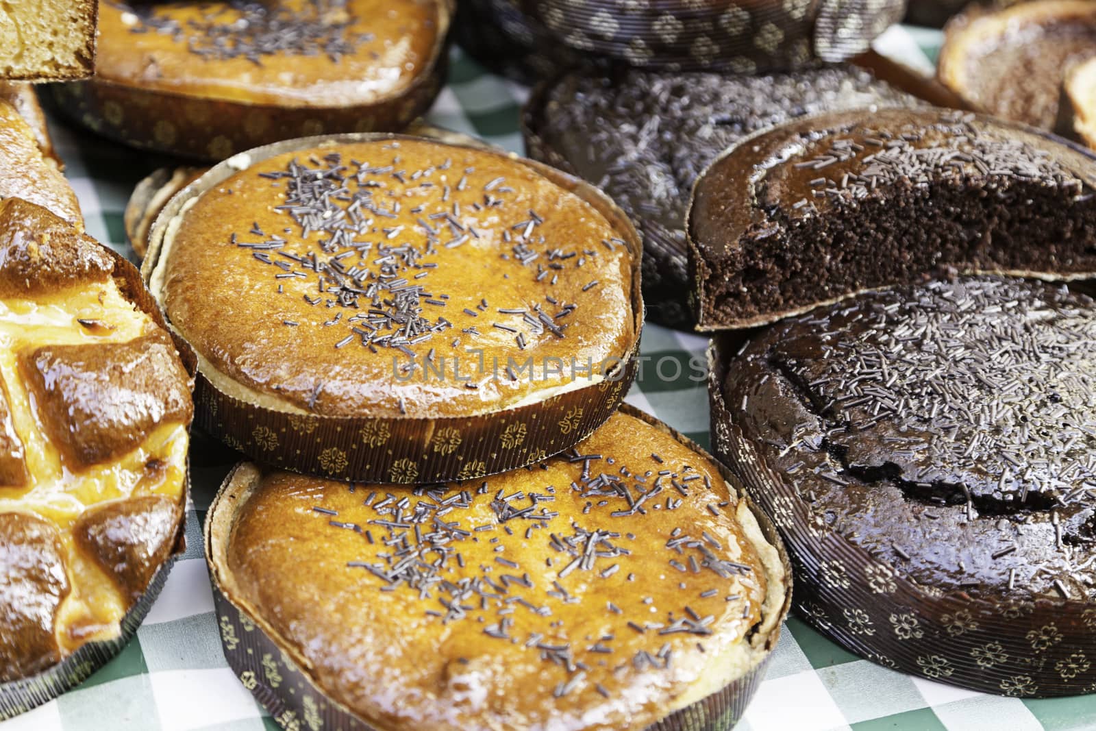 Typical Spanish cream cake, detail of a home takes to a traditional street market