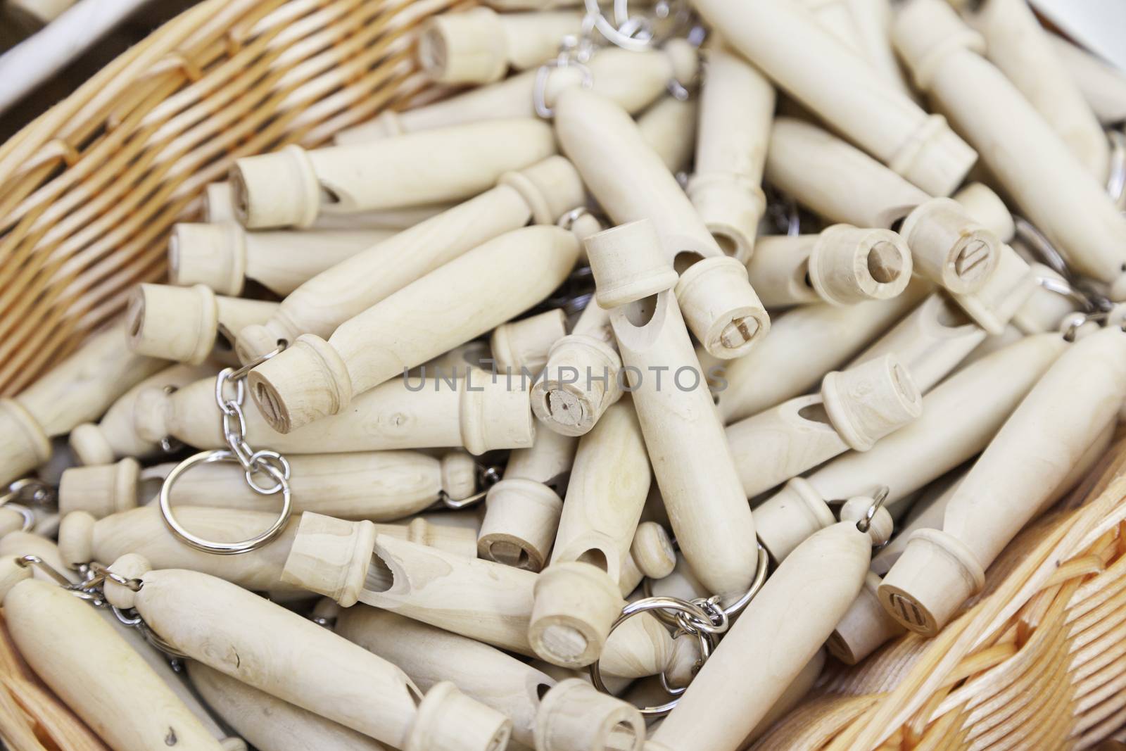Wooden whistles, detail of a woodwind handmade arts and crafts