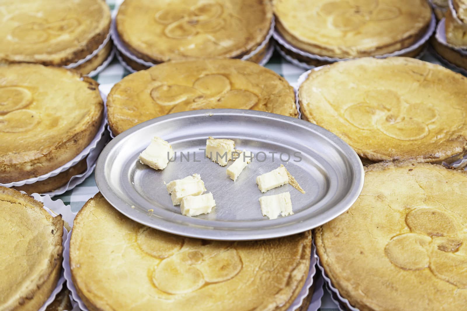 Typical Spanish cream homemade pie, a sweet dessert detail of artisan food in a street market