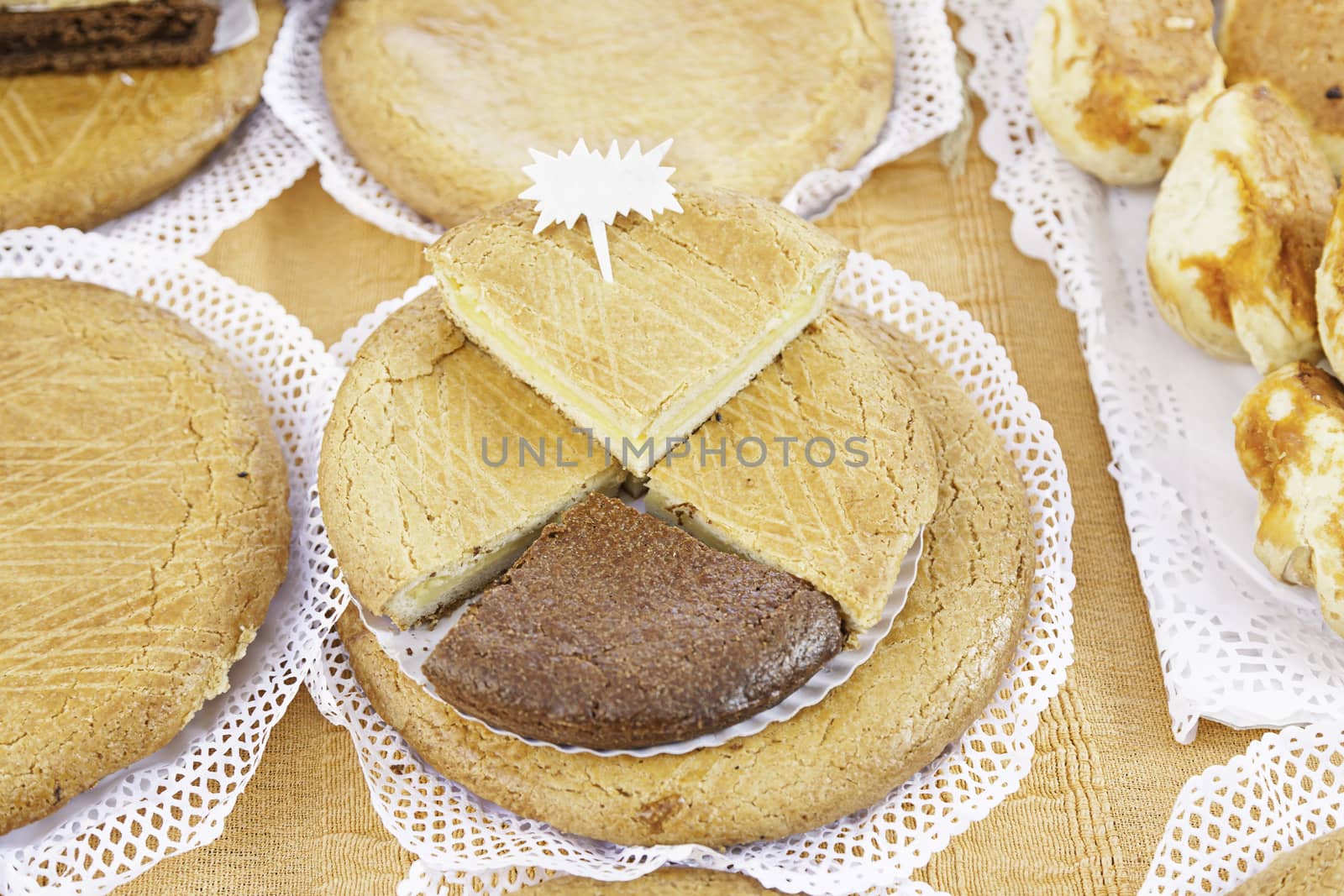 Typical Spanish cream homemade pie, a sweet dessert detail of artisan food in a street market